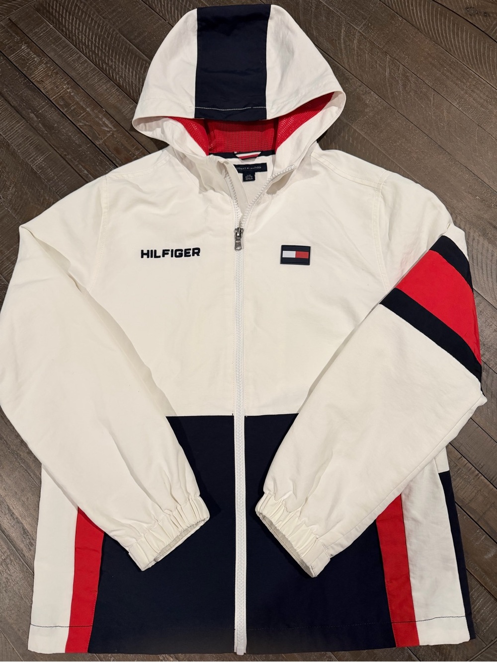 Tommy Hilfiger Youth L 12/14 Colorblock Hooded Jacket Red White Navy